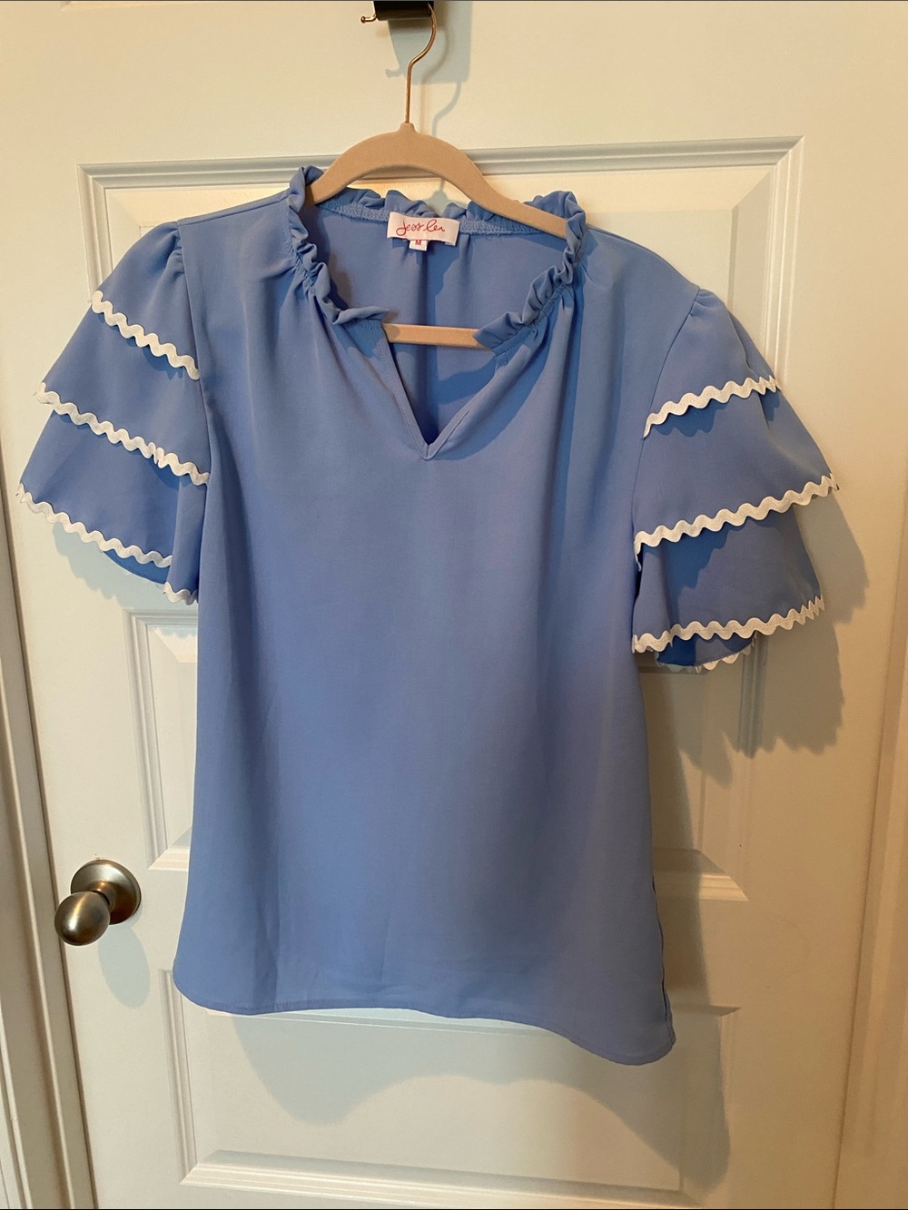 Ruffle Sleeve V-Neck Blouse with White Trim